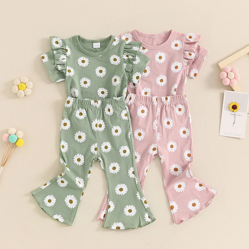Daisy Print Fly Sleeve Top & Flares Set