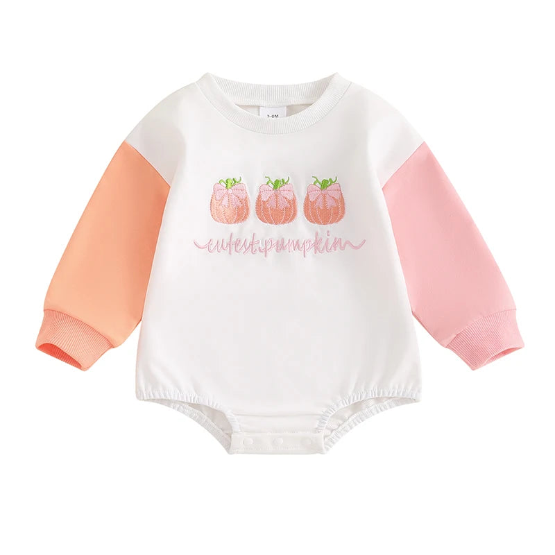 Cutest Pumpkin Bow Embroidery Contrast Romper