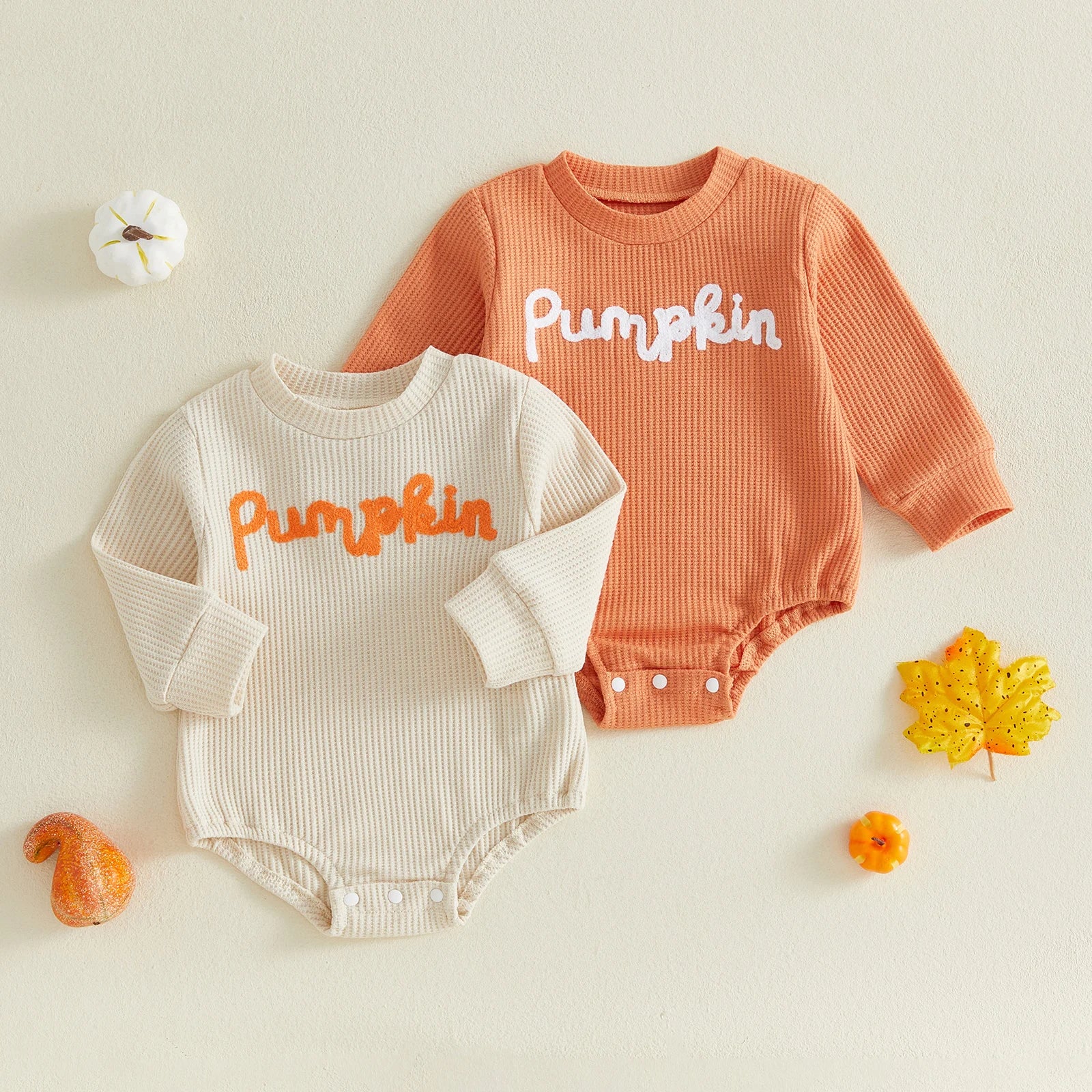 Pumpkin Embroidered Ribbed Romper