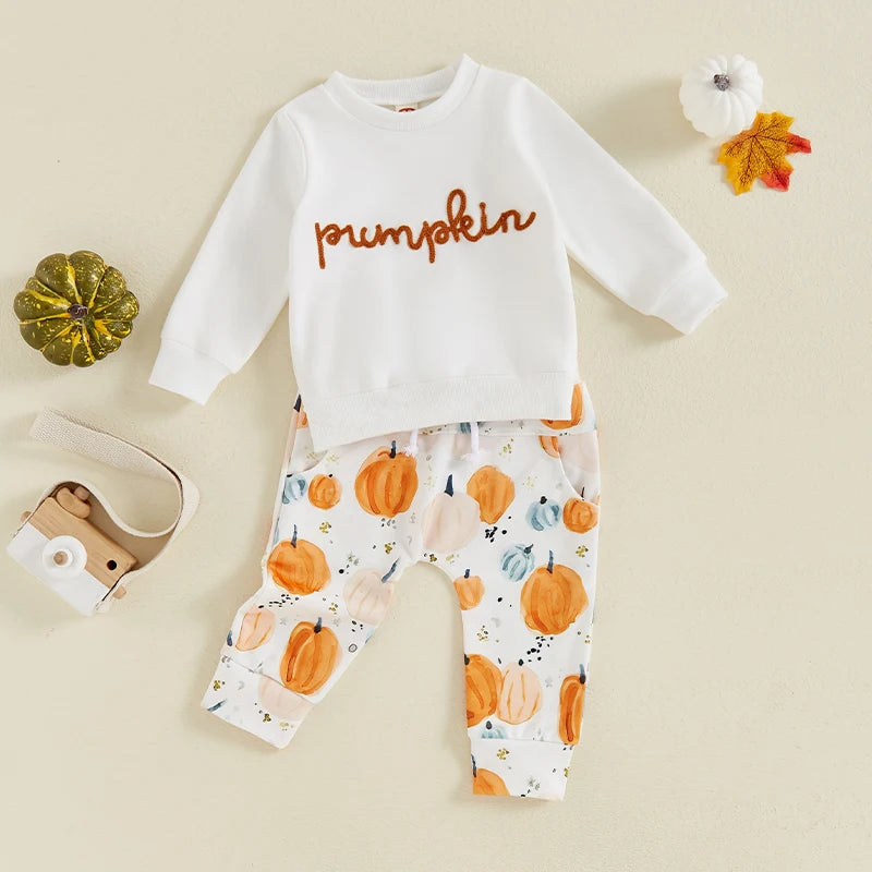 Pumpkin Letter Embroidered Top & Pumpkin Print Trousers Set