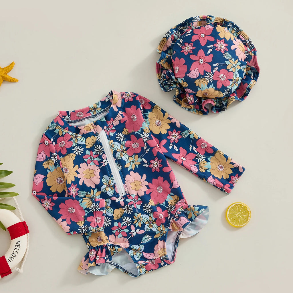 Bold Floral Print Swimsuit and Hat
