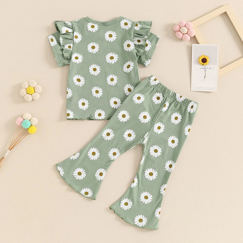 Daisy Print Fly Sleeve Top & Flares Set