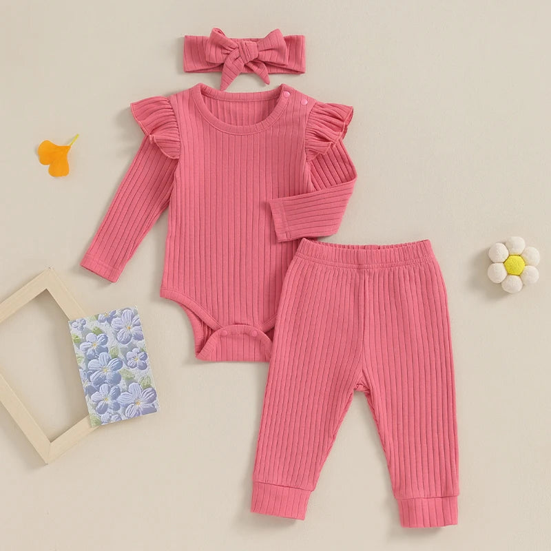 Ribbed Ruffle Romper 3 Piece Set