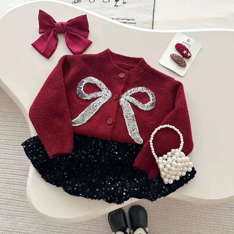 Sequin Bow Cardigan + Sequin Skirt Set
