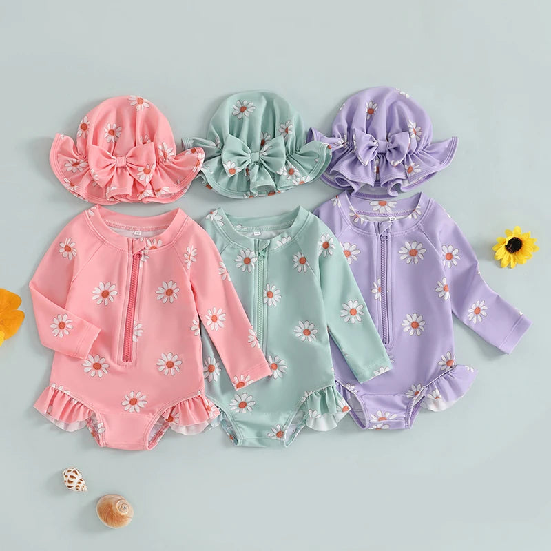 Daisy Print Zip-up Swimsuit and Hat