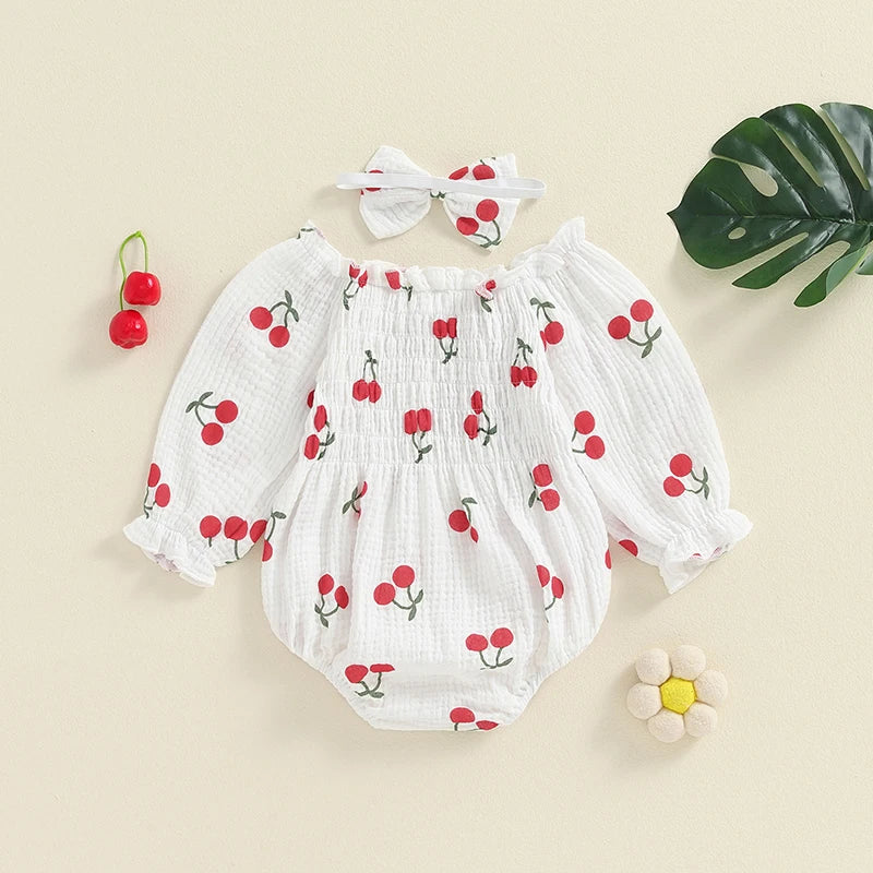 Cherry Print Smocked Romper & Headband