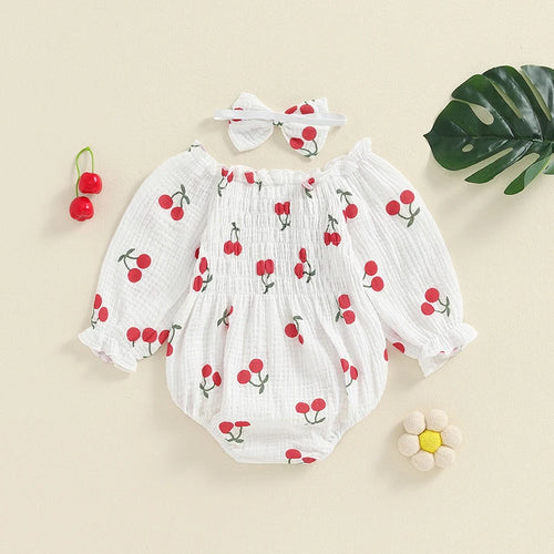Cherry Print Smocked Romper & Headband