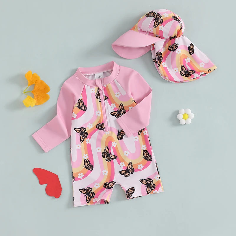 Butterfly Rainbow Print Swimsuit with Hat