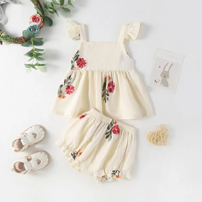 Floral Embroidery Puff Sleeve Romper / Set