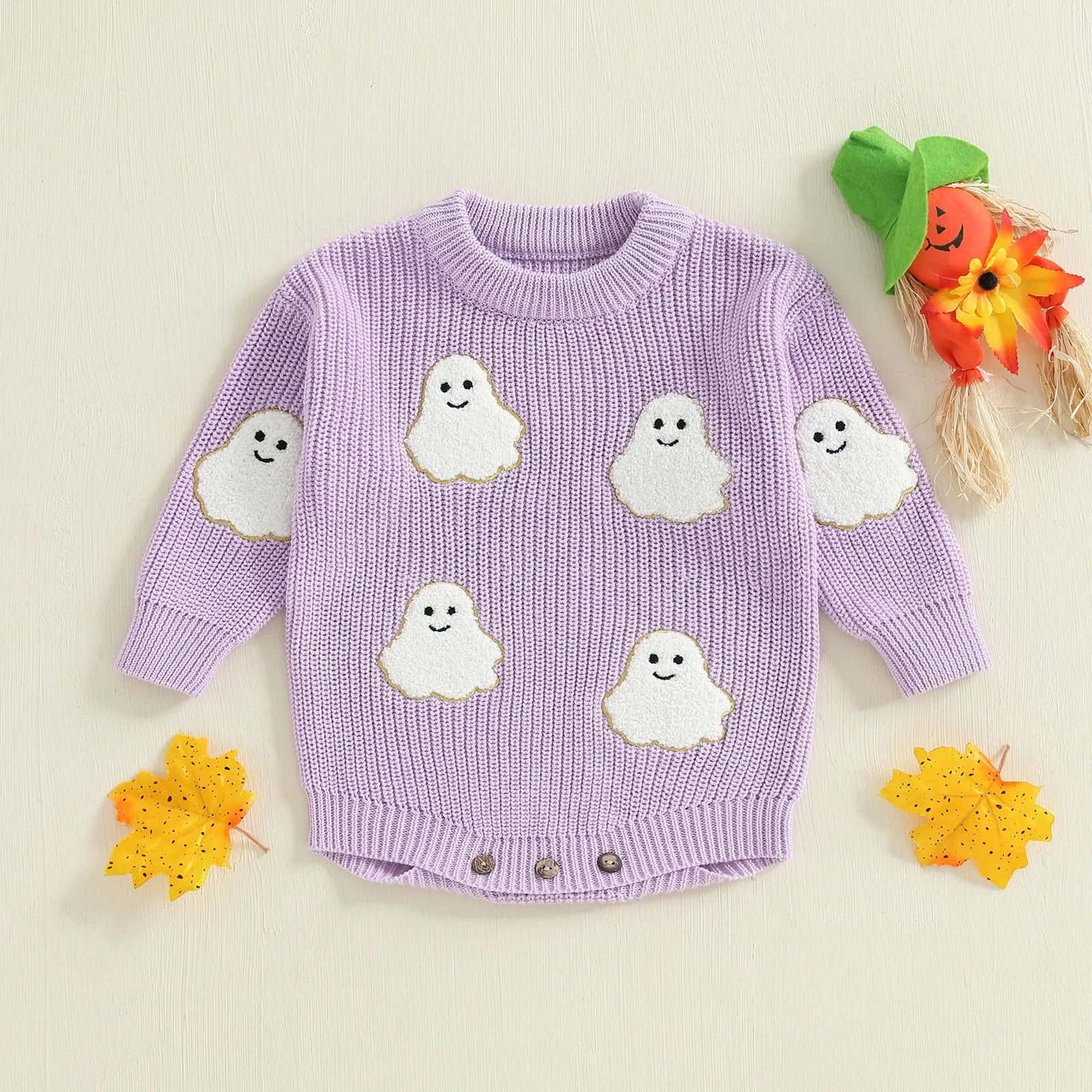 Friendly Ghost Embroidery Knit Romper