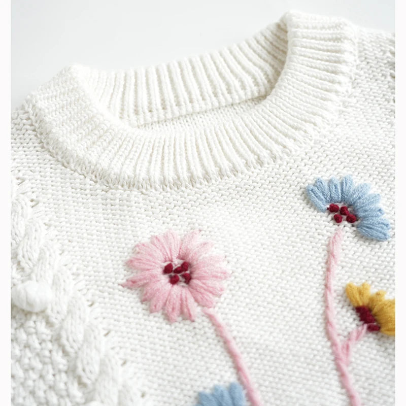 Pastel Daisy Embroidery Knitted Pullover