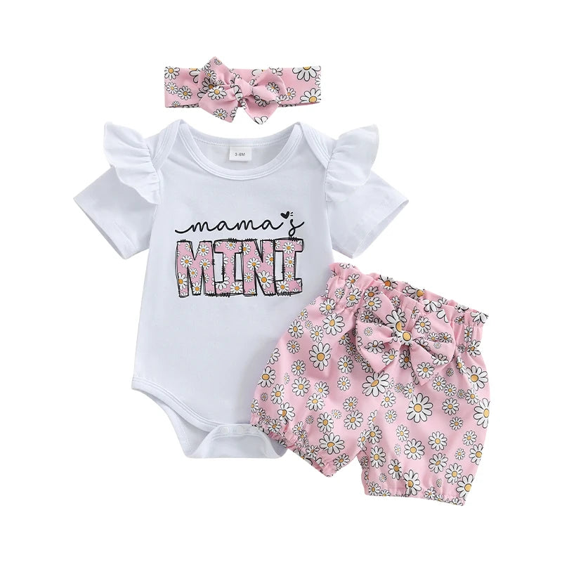 Mama's Mini Daisy Print Romper, Shorts & Headband Set