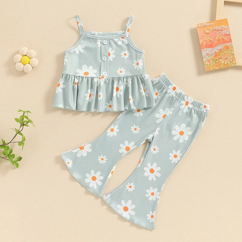 Ribbed Daisy Ruffle Top & Flares Set