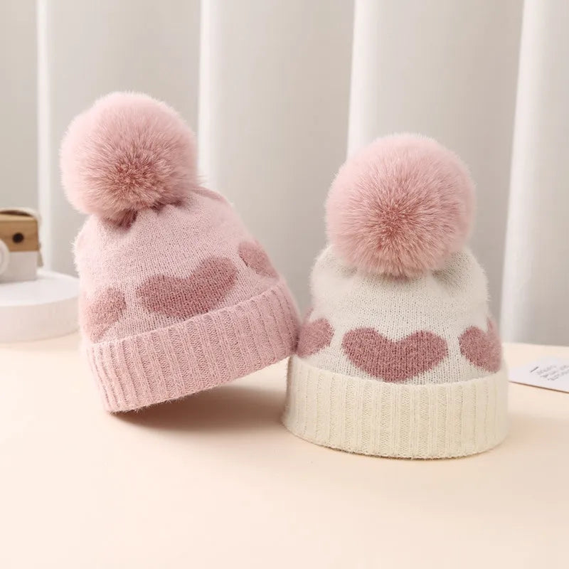 Pom Pom Heart Beanie Hat
