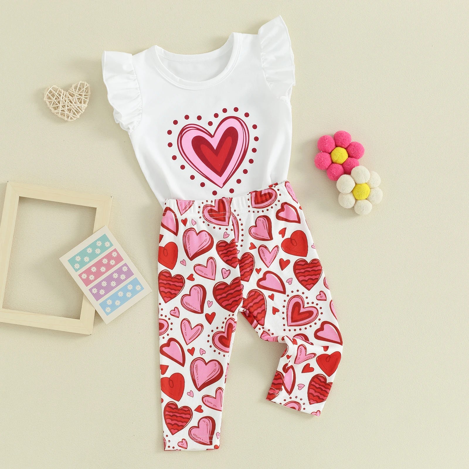 Ruffle Sleeve Heart & Trousers Set
