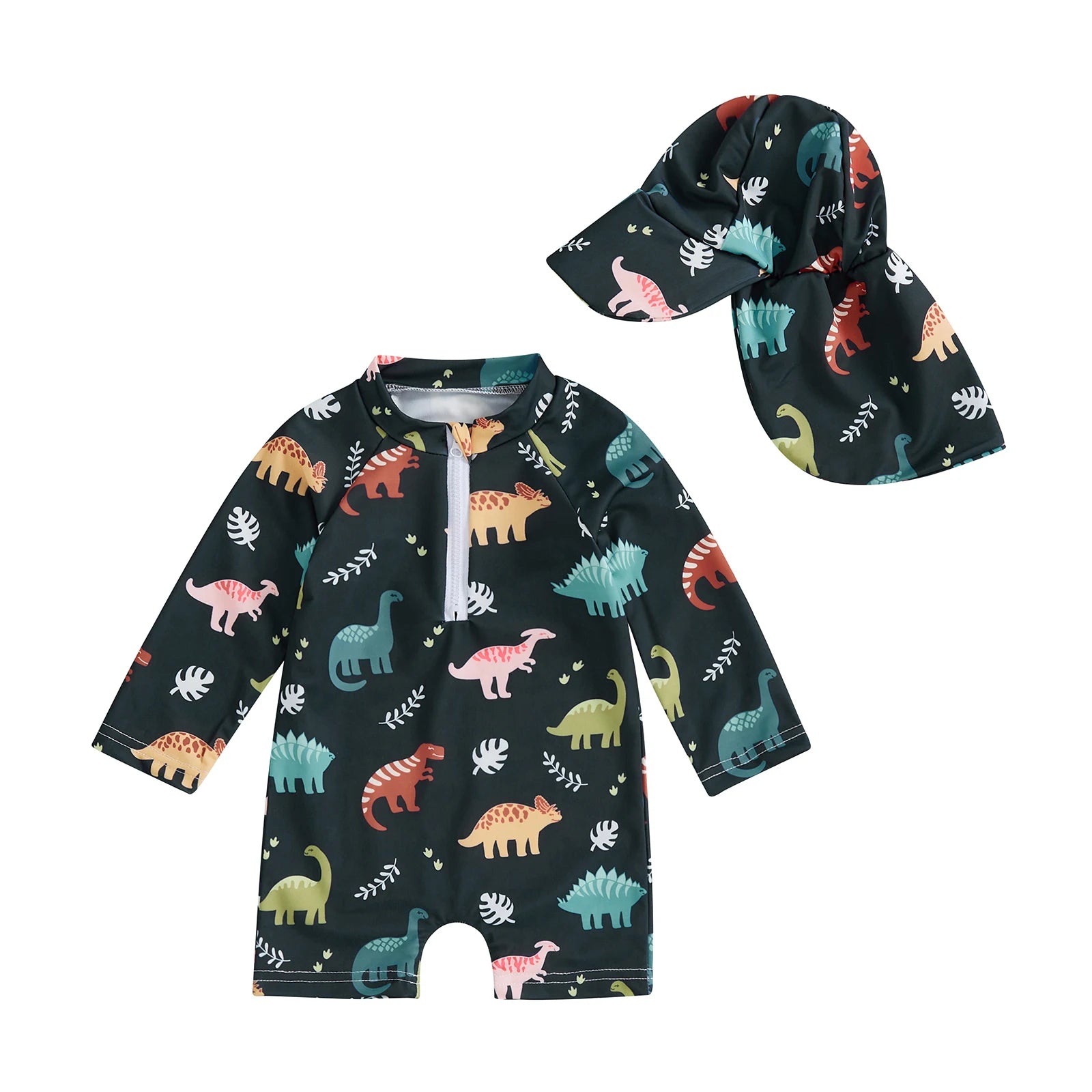 Colourful Dino Print Swimsuit with Hat 2 Piece