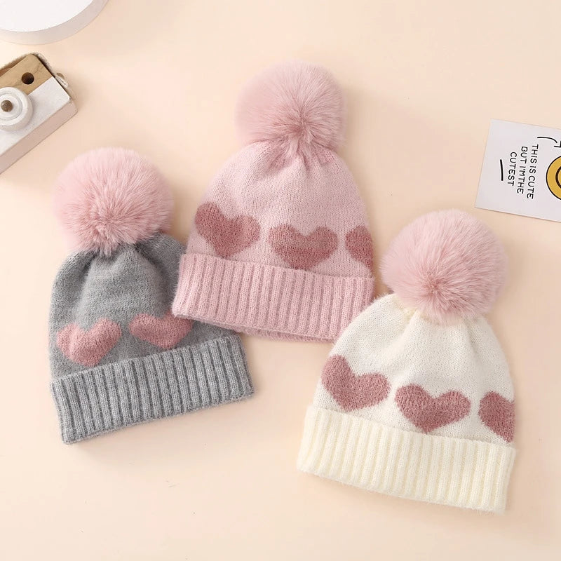 Pom Pom Heart Beanie Hat