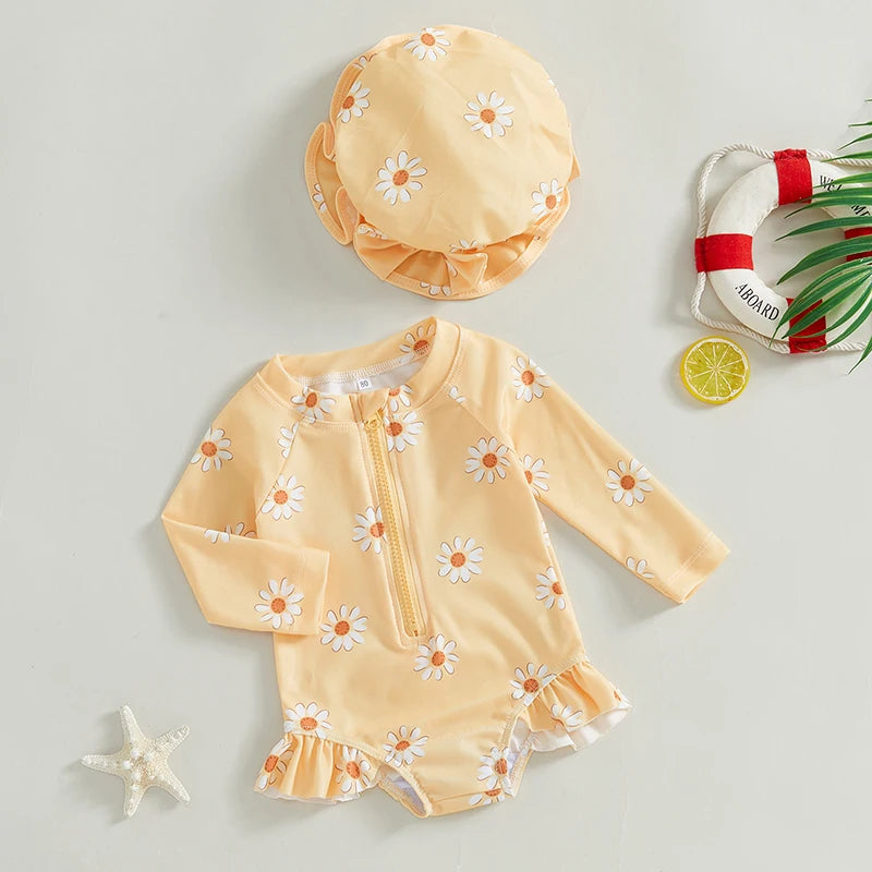 Daisy Print Zip-up Swimsuit and Hat