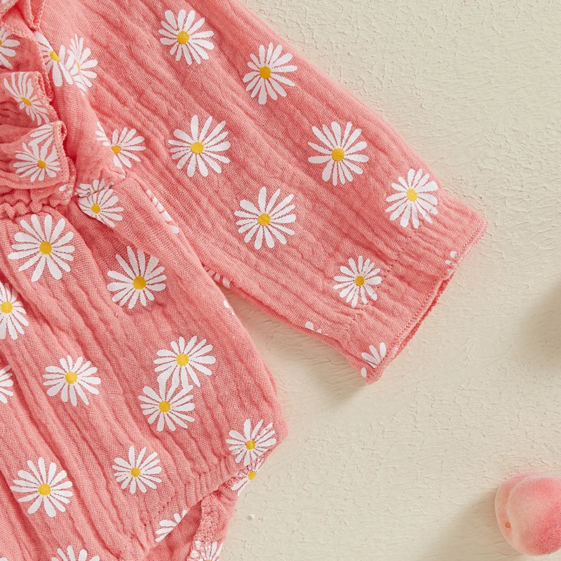Long Sleeve Daisy Print Ruffle Romper & Headband set