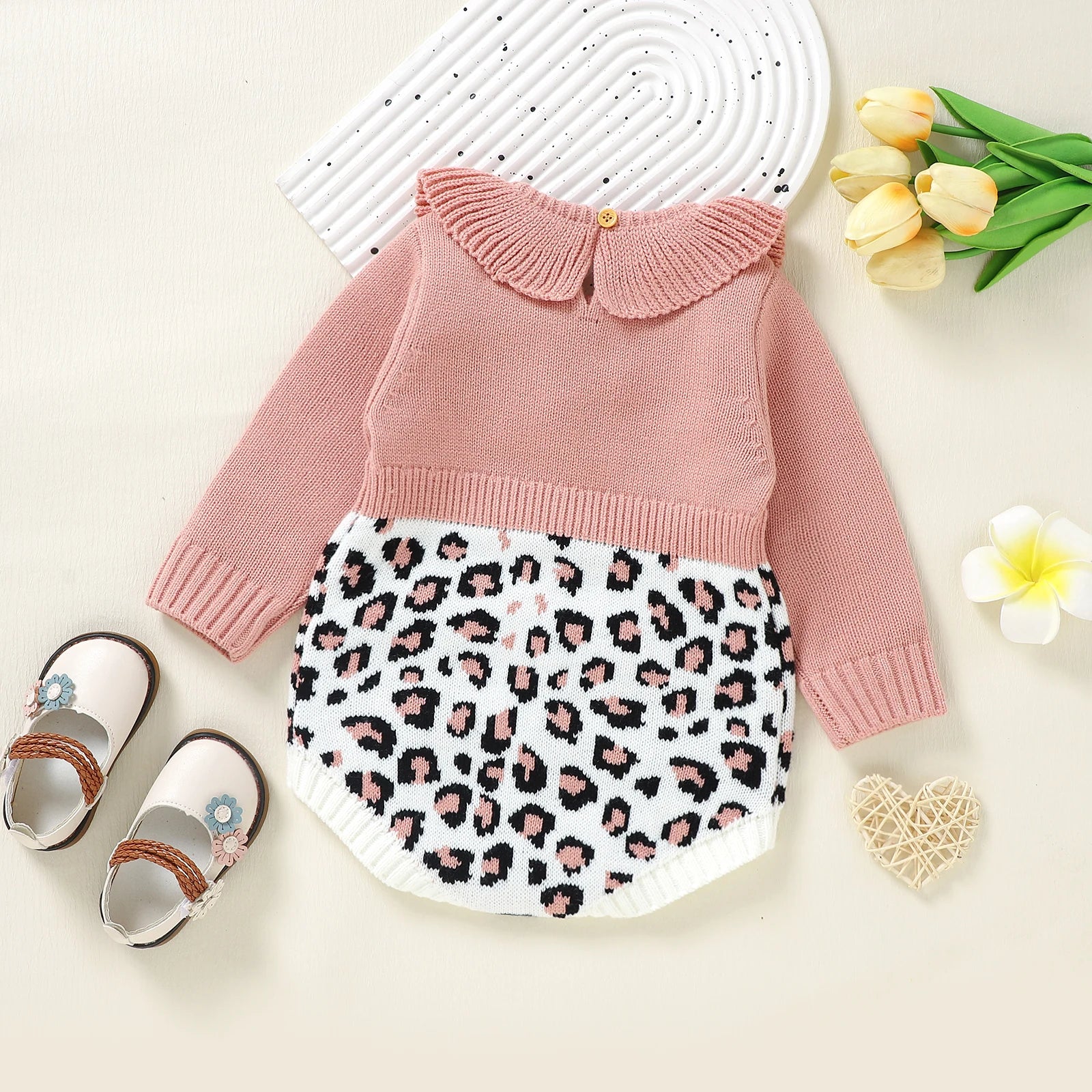 Leopard Print Peter Pan Collar Knit Romper