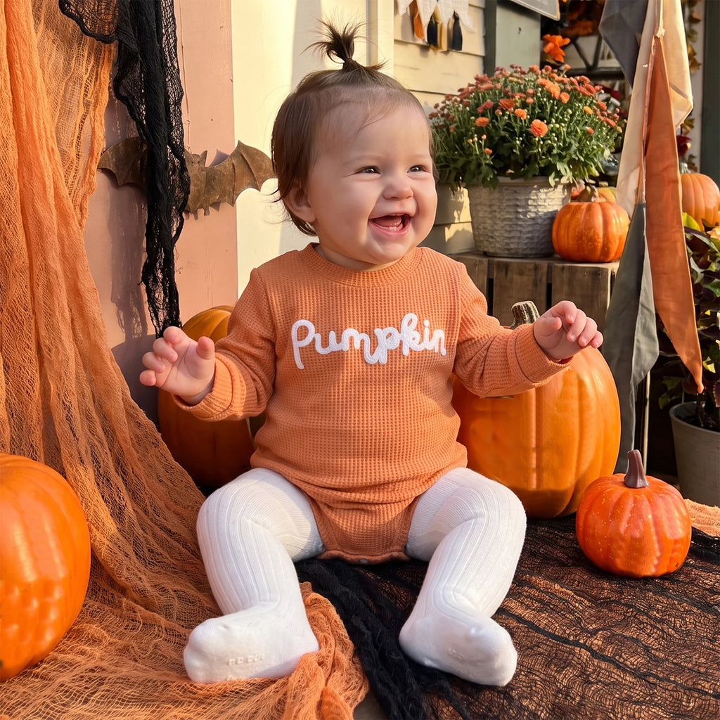 Pumpkin Embroidered Ribbed Romper