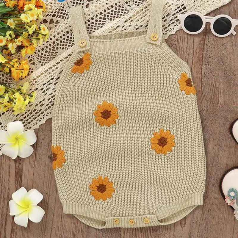 Sunflower Embroidery Knit Romper