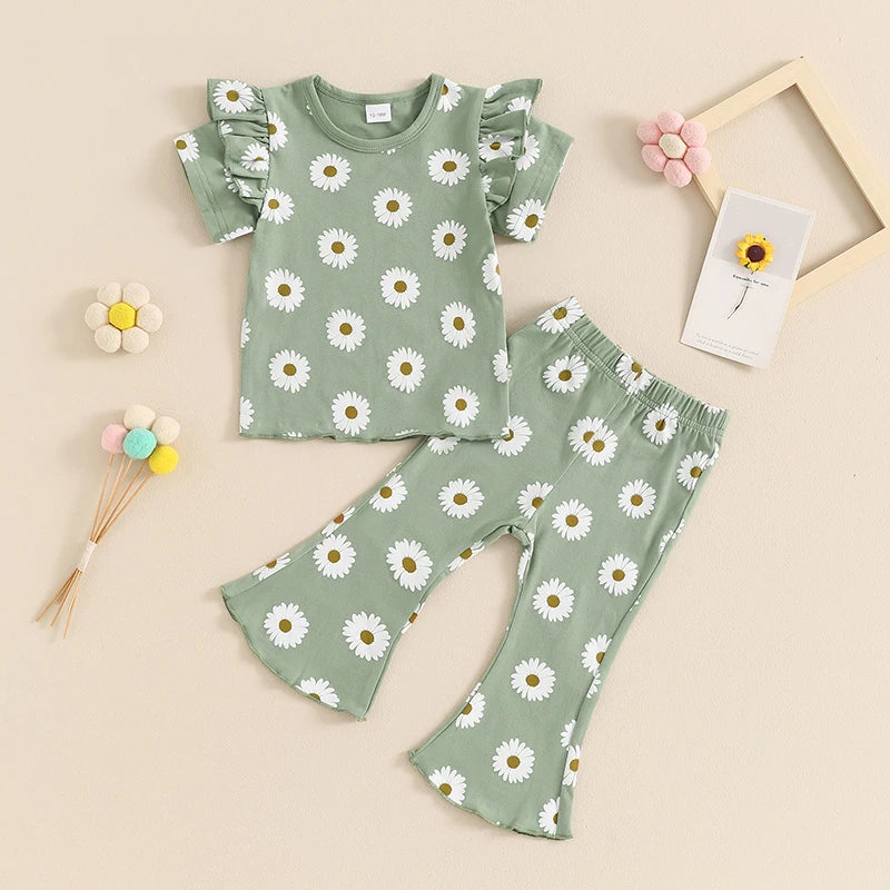 Daisy Print Fly Sleeve Top & Flares Set