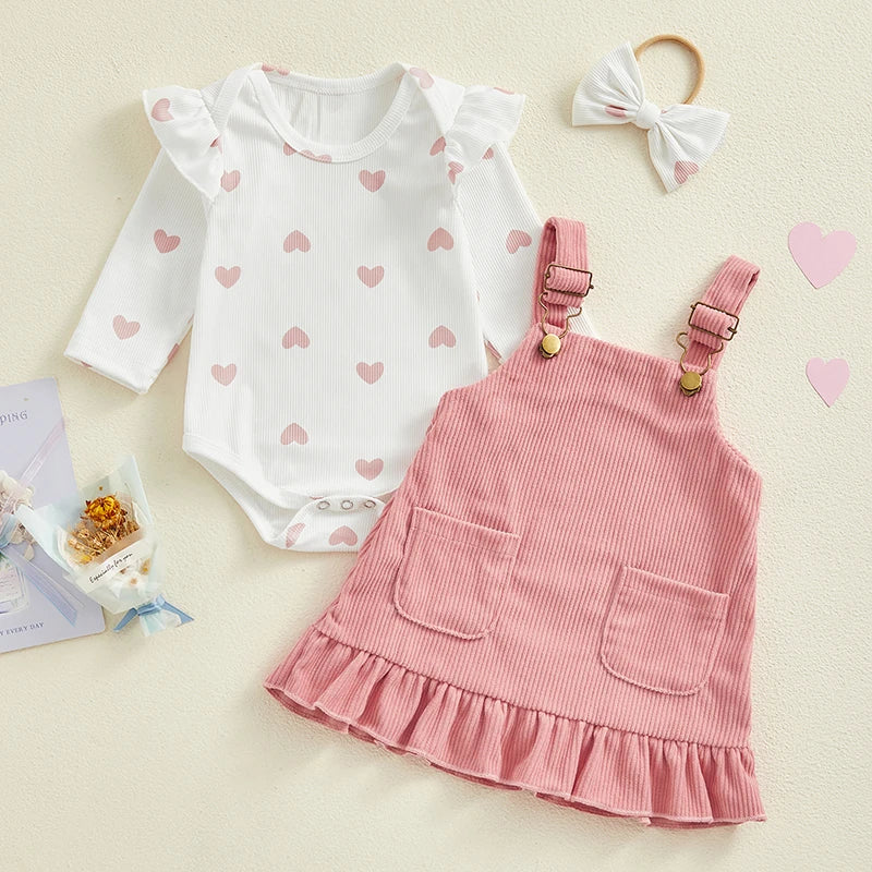 Ribbed Heart Print Romper, Headband & Corduroy Suspender Dress Set