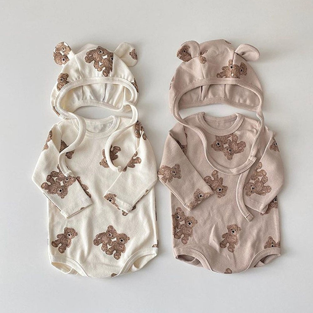 Teddy Bear Print Bodysuit & Bear Ear Bonnet Set