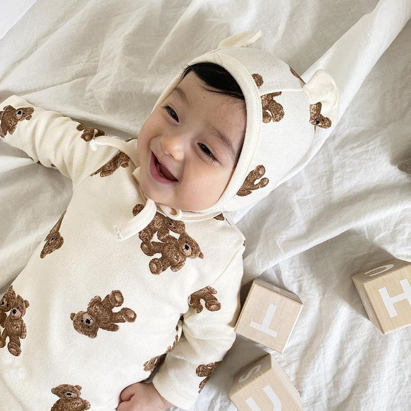 Teddy Bear Print Bodysuit & Bear Ear Bonnet Set