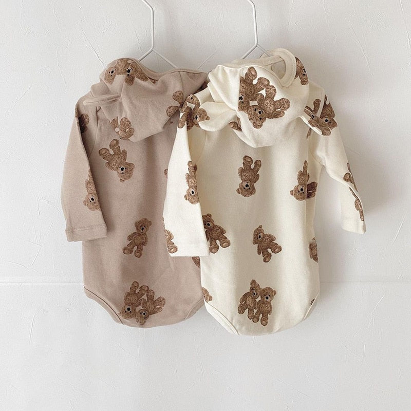 Teddy Bear Print Bodysuit & Bear Ear Bonnet Set