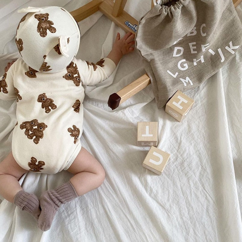 Teddy Bear Print Bodysuit & Bear Ear Bonnet Set