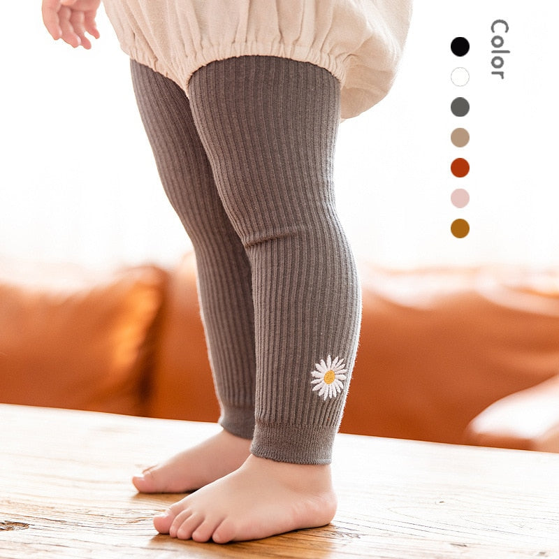 Daisy Embroidery Ribbed Leggings