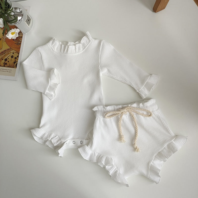 Ribbed Ruffle Sleeves Romper & Bloomers Set