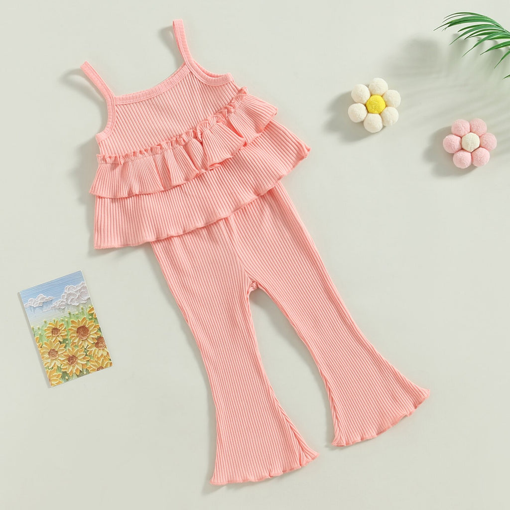 Ribbed Layered Ruffle Camisole & Flares Set