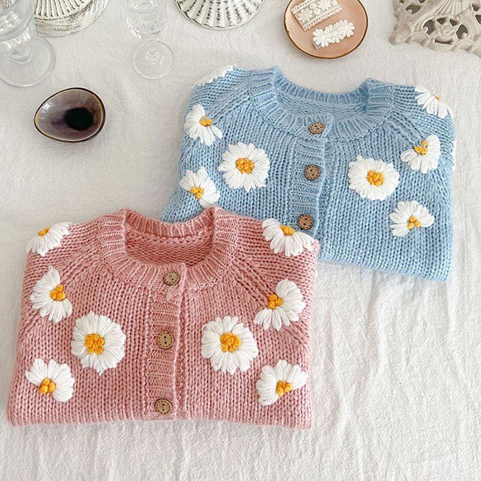 Knitted Daisy Embroidered Cardigan