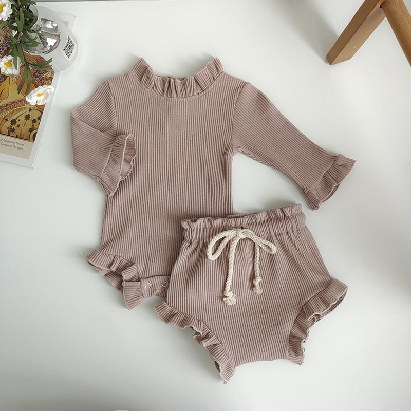 Ribbed Ruffle Sleeves Romper & Bloomers Set