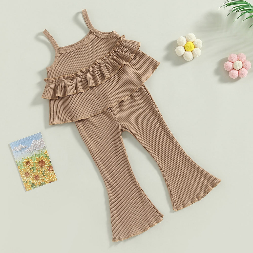 Ribbed Layered Ruffle Camisole & Flares Set