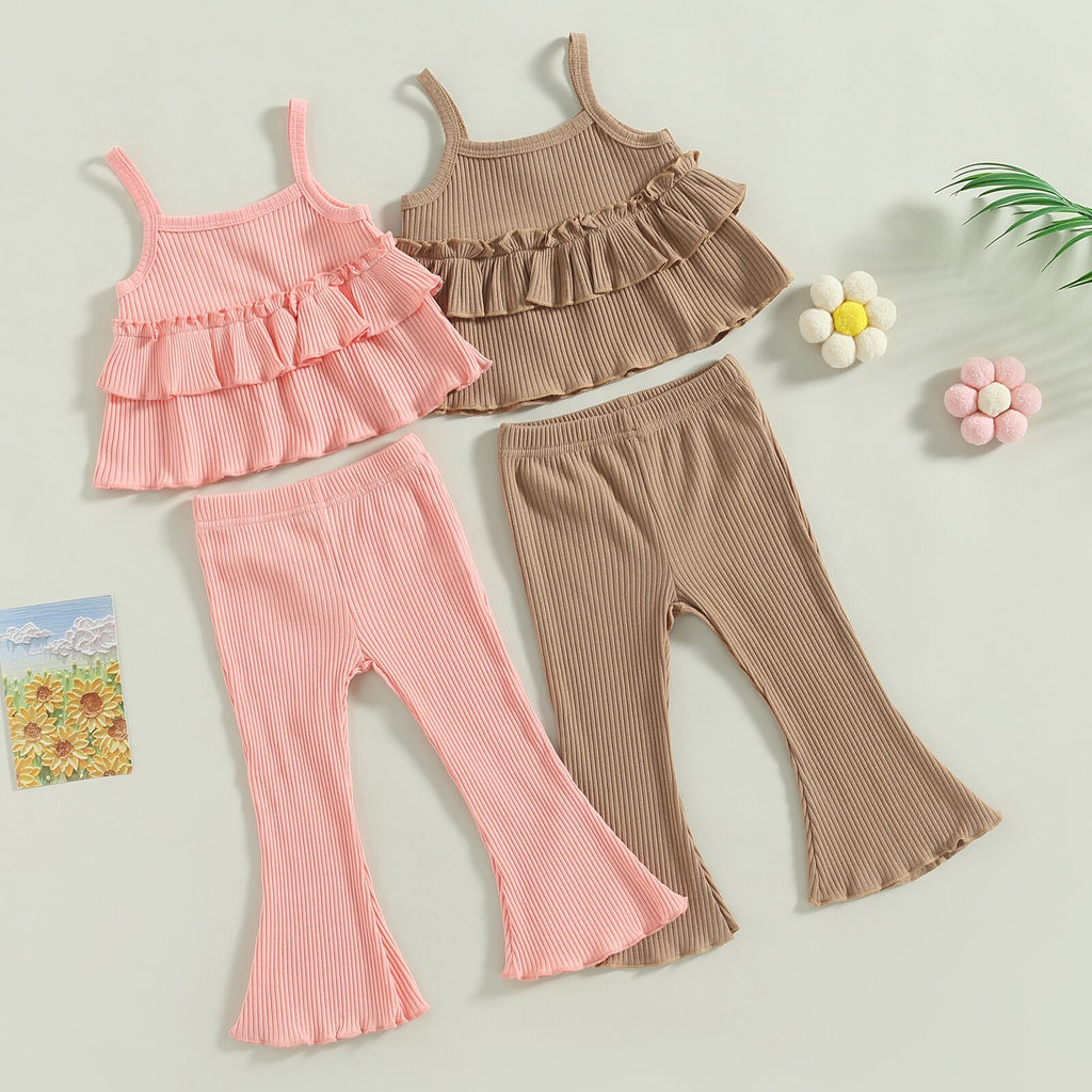 Ribbed Layered Ruffle Camisole & Flares Set