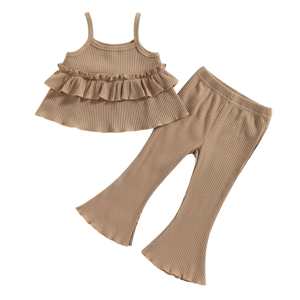 Ribbed Layered Ruffle Camisole & Flares Set