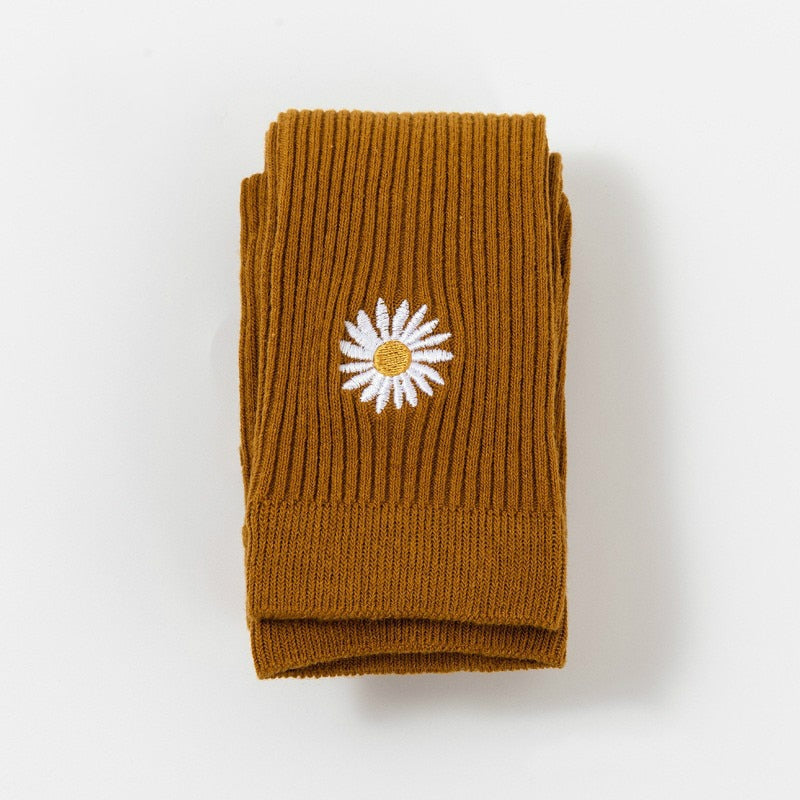 Daisy Embroidery Ribbed Leggings