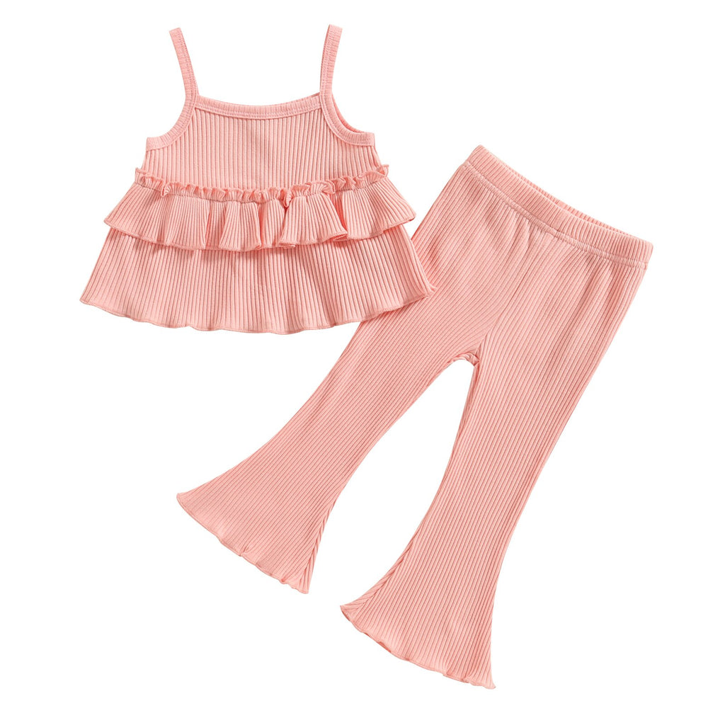 Ribbed Layered Ruffle Camisole & Flares Set