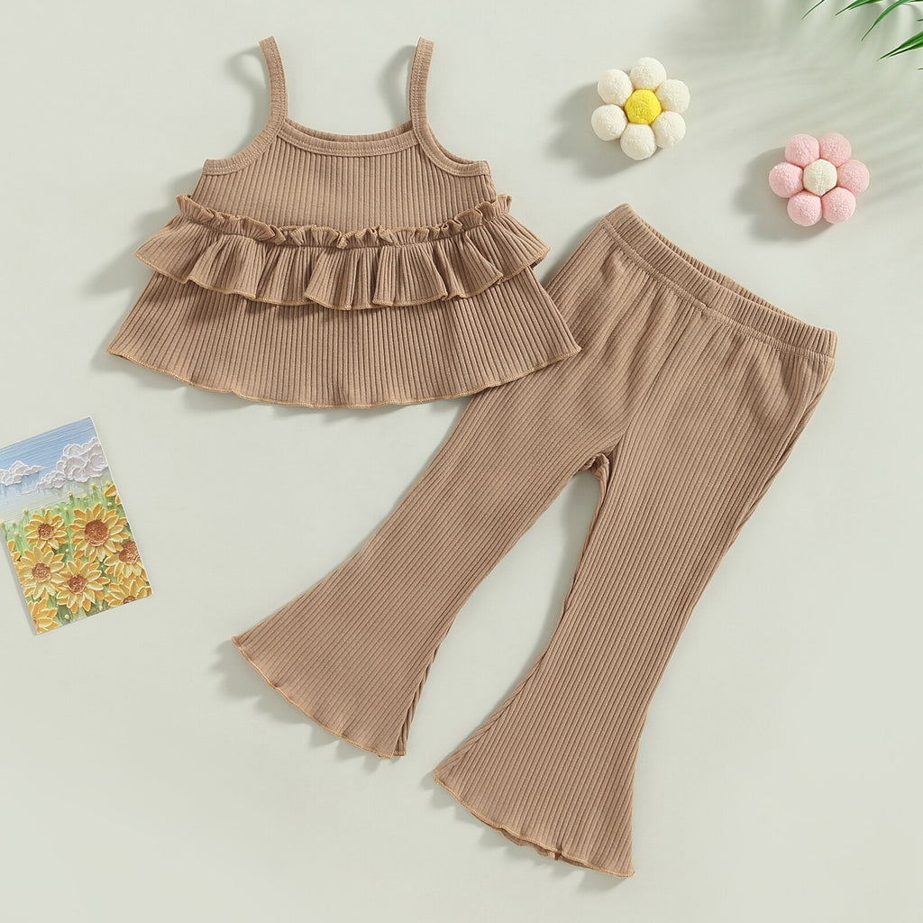 Ribbed Layered Ruffle Camisole & Flares Set