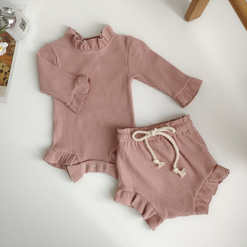 Ribbed Ruffle Sleeves Romper & Bloomers Set