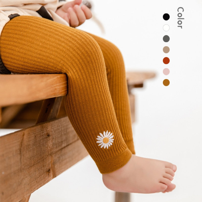 Daisy Embroidery Ribbed Leggings
