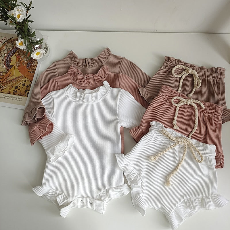 Ribbed Ruffle Sleeves Romper & Bloomers Set