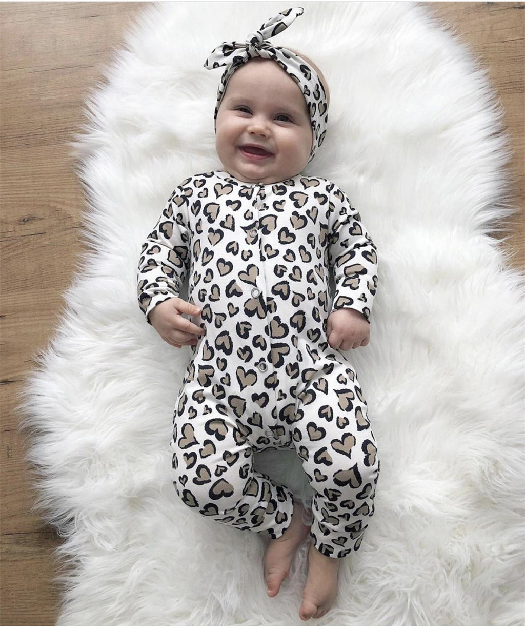 Leopard Hearts Print Romper & Headwrap