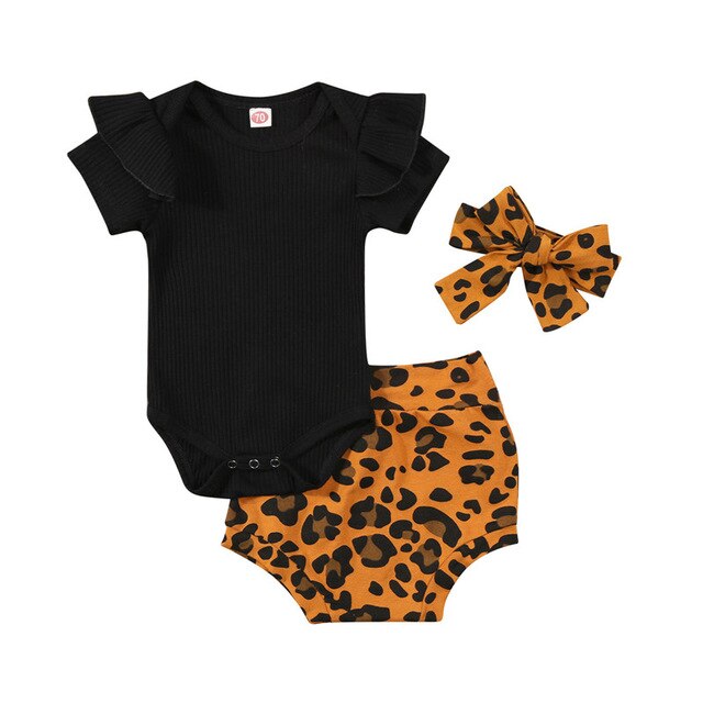 Ribbed Ruffle Bodysuit, Leopard Bloomers with Headband