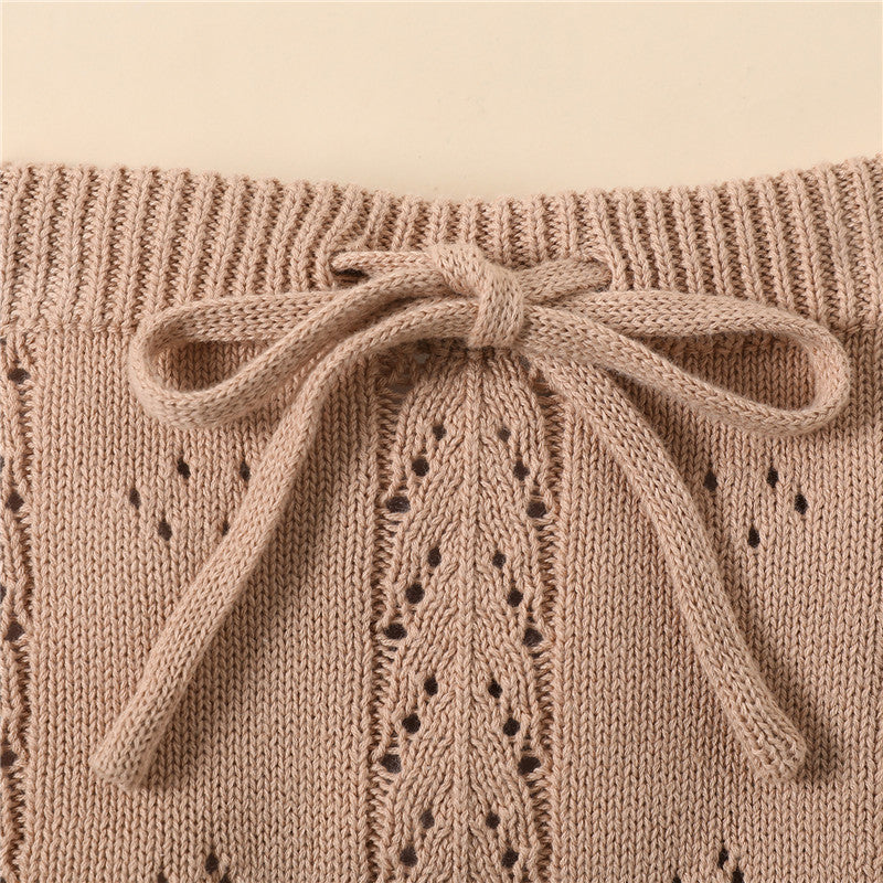 Shoulder-tie lace Knit Romper & Shorts Set