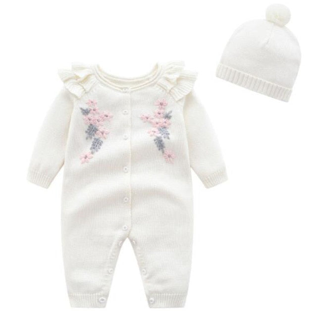 Knitted Embroidery Botanic Romper & Hat